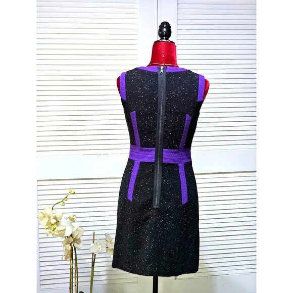 Milly Women's Black Purple Wool Blend Trim Tweed Shift Dress Size 2 2573 - Picture 5 of 10